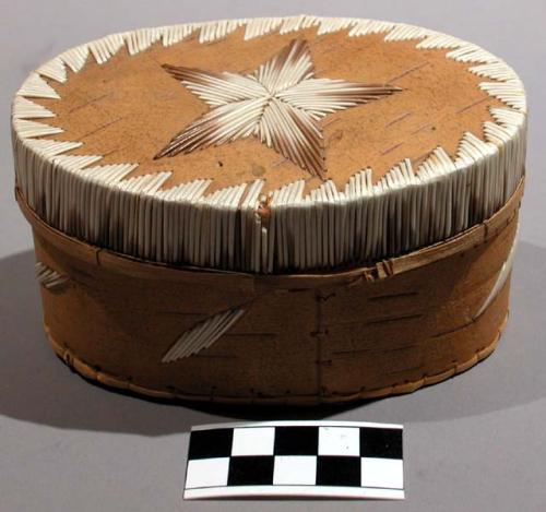 Oval covered birch bark container decorated with quills