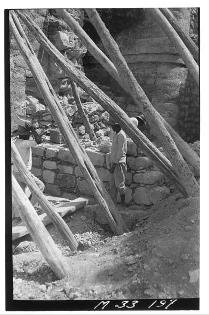 Construction of buttress for southwest corner of Main Stairs at Monjas