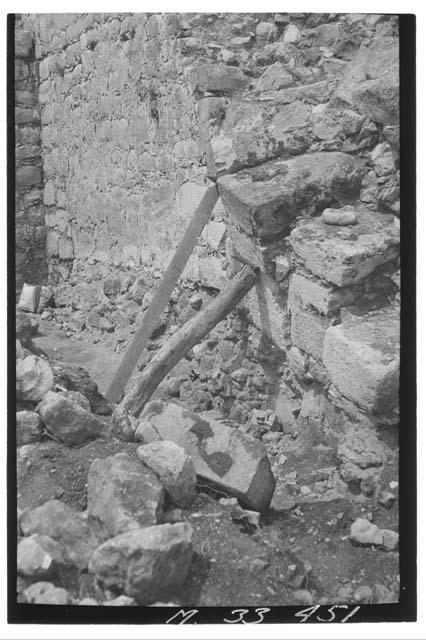 East face of main stairs and foundation detail at Monjas, from north