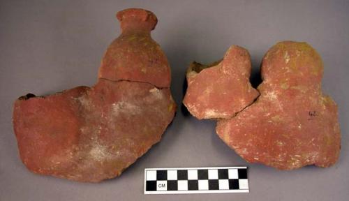 Ceramic partial ceremonial bowl, subsidiary jars from rim, red, incised, mended