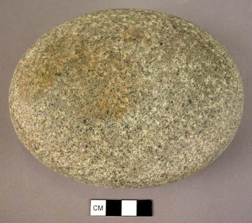 Stone, ground stone implement, ovoid, speckled grey, net sinker?, pitted