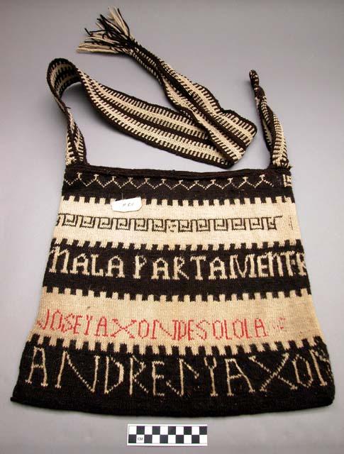 Wool bag - black & white & red; words & names part of the design