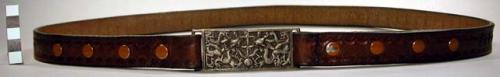 Belt, tooled leather with a 2-piece rectangular silver buckle with an overlaid p