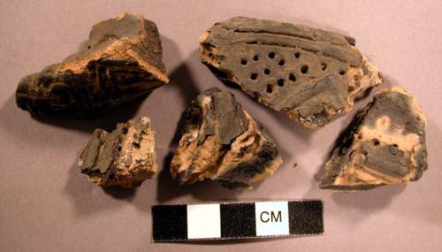 Ceramic sherds, black slip, 1 incised rim sherd, 2 punctate