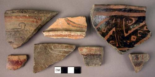 Ceramic rim & body sherds, poly/ bichrome, glazed, punctate, incised, plain