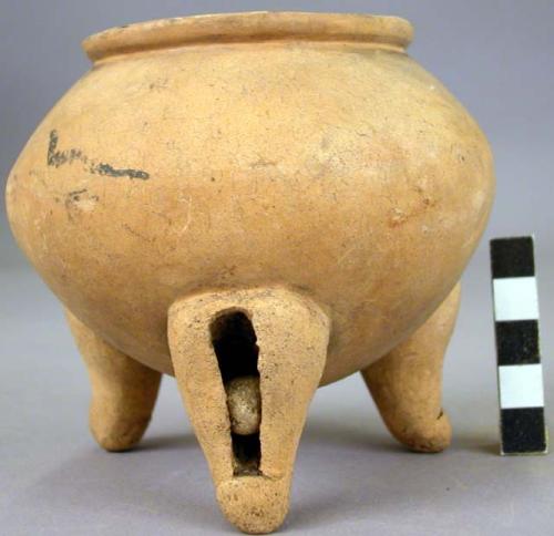 Pottery dish, tripod, plain, legs openwork with clay balls