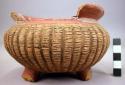 Ceramic, complete jar, 3 legs, engraved sides, red, chipped rim, mended