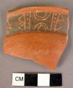 Fine orange rim fragment.  Outer surface painted and incised (black on orange).