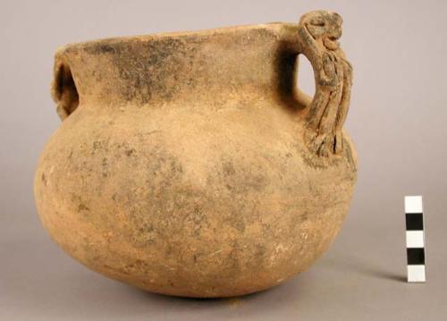 Large unpainted pottery jar - 2 handles with bird-like figures in relief