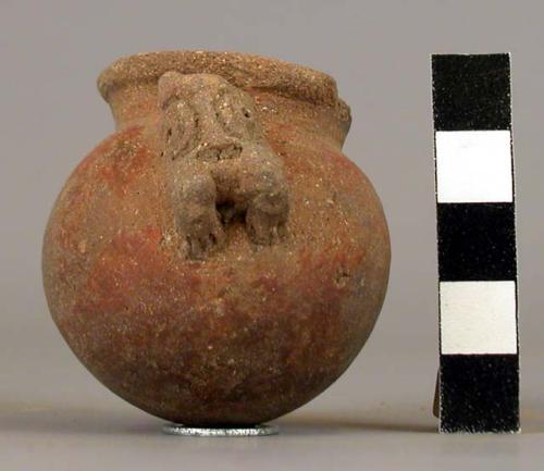 Miniature pottery jar with modelled lug handle in shape of animal head - painted