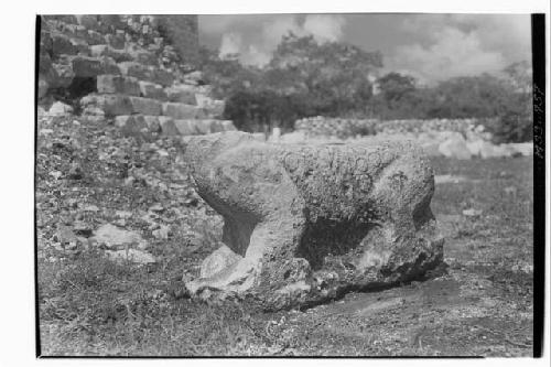 Chac mool from base of main stairs at Monjas
