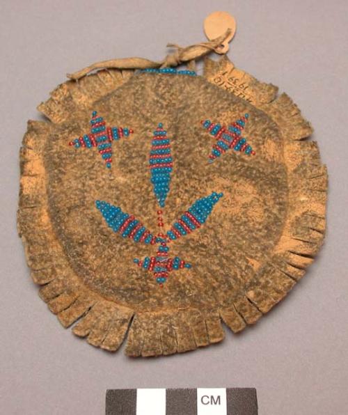 Skin pouch--fringed at edges; beadwork designs in blue and red on both sides