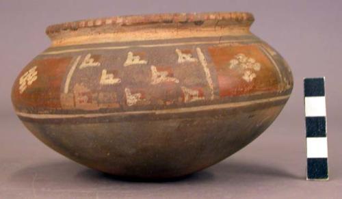 Small polychrome pottery bowl - geometric and linear designs; wide +