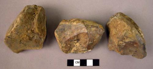 Flint steep scraper; 2 flint choppers - much fresher in appearance than surface