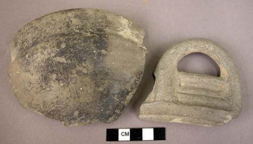 Grey Minyan Ware. Ceramic rim sherds, grey ware, 1 w. loop handle, angular shape