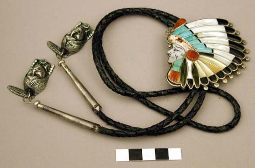 Silver bolo, inlaid Indian head with a feather headdress