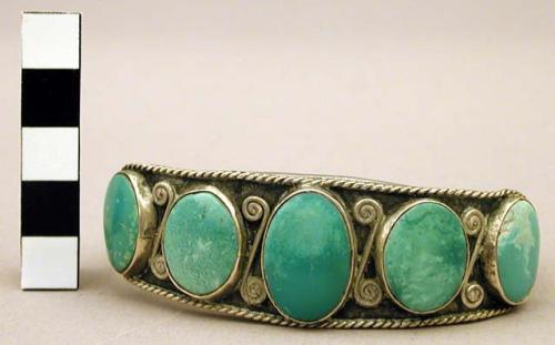 Cuff bracelet w/ set oval turquoise stones, twisted wire decoration