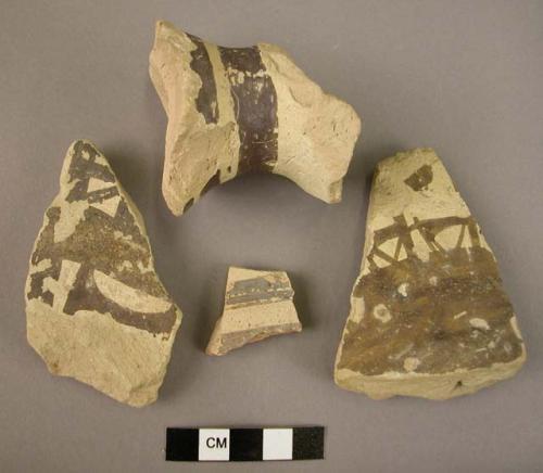 Ceramic body and pedestal base sherds, buff slipped w. brown painted design