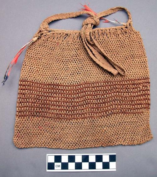 Netted bag, ecru string with horizontal band of brown stripes around middle and