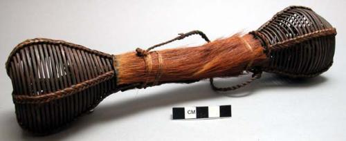 Rattle, basketry pods filled with seeds, center covered in hide