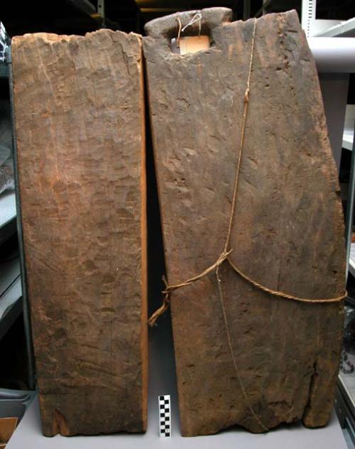 Wooden door for hut made from single buttressed root of tree - such as cottonwoo