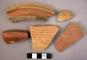 6 potsherds - red shiny? painted ware outside; dull plain yellow-red inside; 2 r