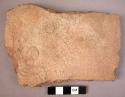 2 sherds of thick, rough red ware - incised