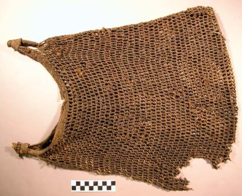 Bag, fiber cord mesh, leather strap, ripped at bottom corner