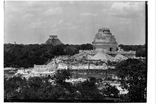 Caracol, view from Monjas. Tower repaired. Repair of S. side of lower platform c