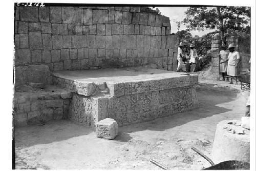 Mercado - corridor, sculptured altar, northeast corner cornice stone on floor wh