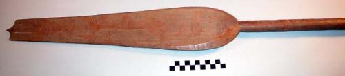 Paddle, incised animal and geometric designs on blade, pointed end