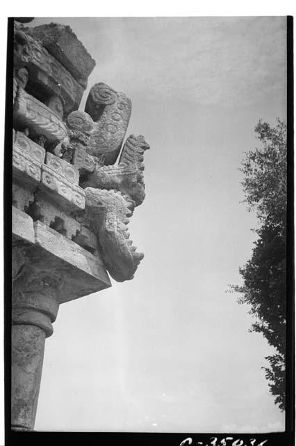 Serpent Cornices. Reptile head at Labna. Side view.