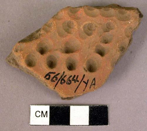 Red potsherd - stamped (with small shell?)