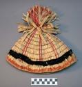 Woven cap of elaeagnus bark. Ornamented with buckskin fringes at crown and rim.