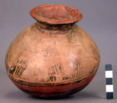 Pottery jar, base red, upper zone white with black ornamentation