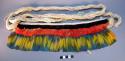 Headdress, woven band with rows of red, black, and blue/yellow feathers, ties