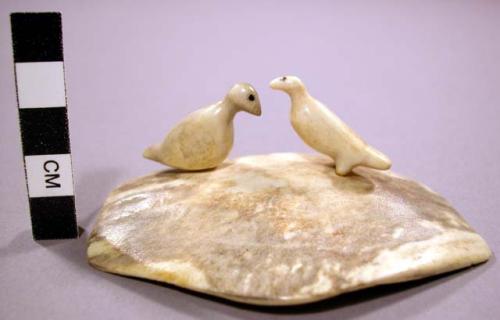 2 small birds of ivory mounted on a piece of polished bone