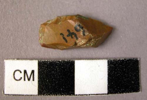 Small chert core rejuvination flake, keel-shaped on upper surface; back flat