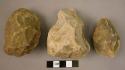 6 small rolled quartzite hand axes; 3 regular shape; 3 irregular
