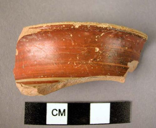 Mycenean thin ware import potsherd, cream slip with red band inside and outside