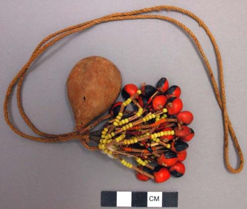 Dorsal neck pendant - small gourd bowl with red and black bead pendants; ceremon