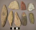 Chipped stone edged tools and fragments, bafacially flaked, ovate & leaf-shaped