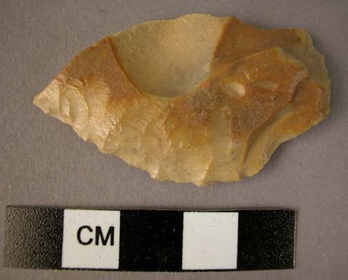 Flint fragment of point on broad flake with marginal retouch on both faces