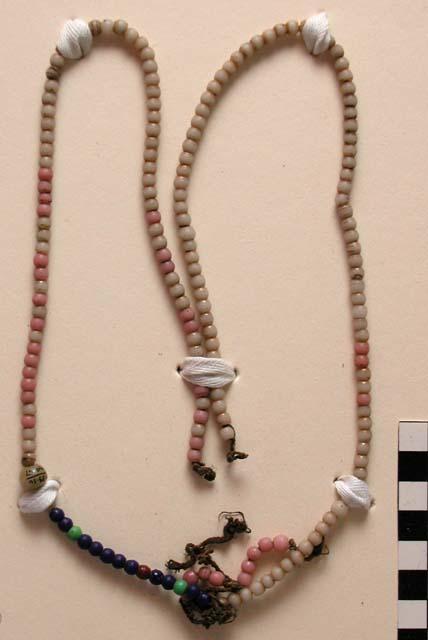 Necklace, blue, pink, white, green, brown beads, olunigi lwomukala