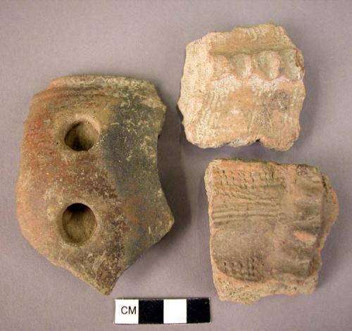 Ceramic rim & body sherds, red, tunnel hndl, pinched molding, cardial des