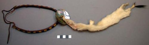 Beaded leather head ornament with brass bead, abalone, and white weasel (?) skin