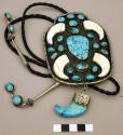 Bolo, large oxidized silver shield set with stones, some in bear claw form