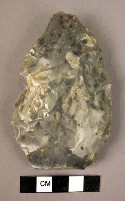 Stone, chipped stone biface, hand axe, ovate, grey, flattened butt