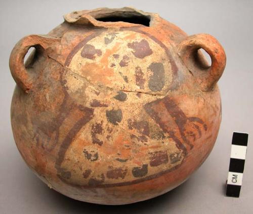 Jar, ceramic, round base & body, 3 strap handles, polychrome zoomorphic design