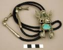 Bolo, silver owl katchina with inlaid  turquoise stones